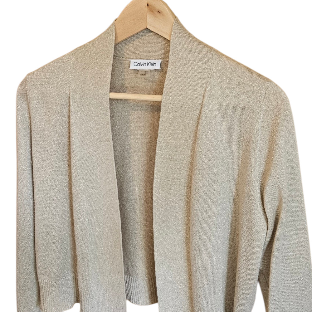 Calvin Klein Medium M Gold Shimmer Metallic Knit Open Front Cropped Cardigan - Picture 2 of 6